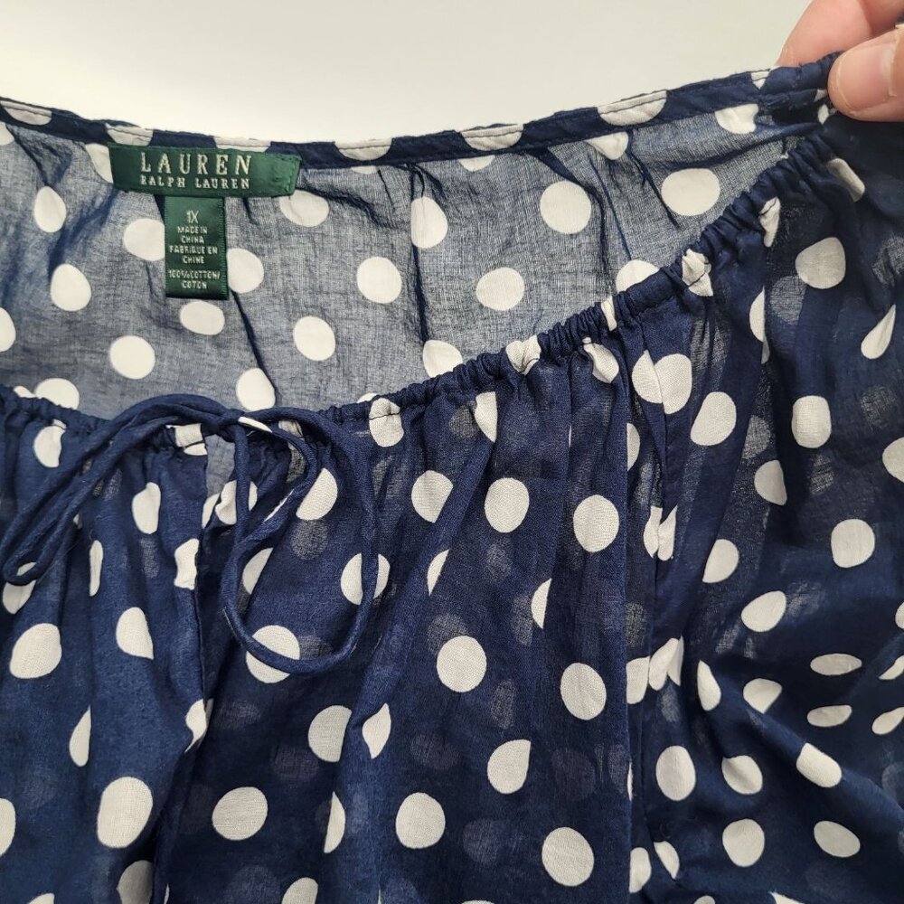 LAUREN RALPH LAUREN Womens 1X Peasant Polka Dot Blouse Semi Sheer Navy White - Picture 8 of 9